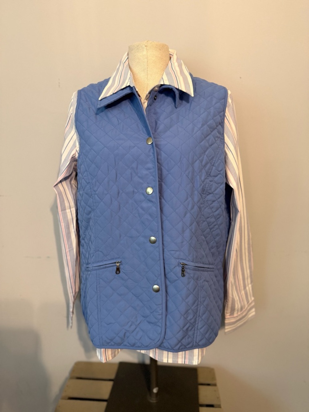 Denim&Co Blue Quilted Vest with Striped Shirt